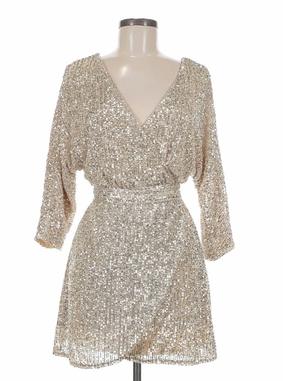 Style Rack Champagne Sequin V-Neck Belted Mini Party Dress Size Small